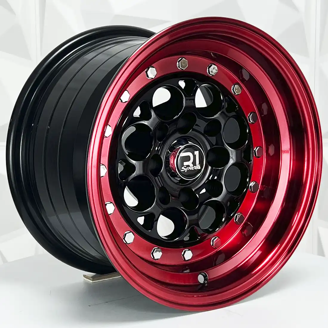 Rin 136548 F13X8 R13X9 4-100/114.3 767 BLACK MI+RED CHROME RIVETS ET-10 4-100 con barrenación 4-100