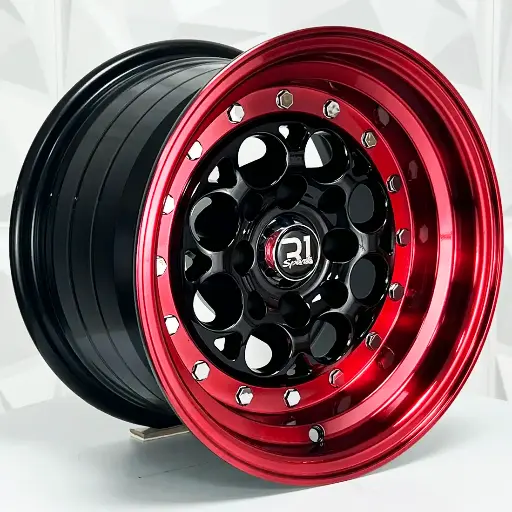 Rin 136548 F13X8 R13X9 4-100/114.3 767 BLACK MI+RED CHROME RIVETS ET-10 CB73.1 4-114.3 con barrenación 4-114.3