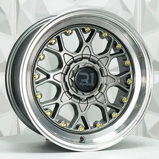 157536 F15X7.5 R15X8.5 4-100/114.3 8001 GUNMETAL MACHINE LIP GOLD RIVETS ET18/15 CB73.1 4-100