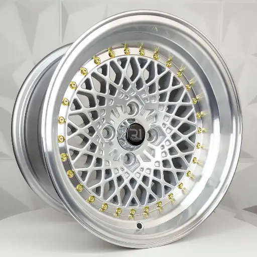 157643 F15X8 R15X9 4-100 LG28 SILVER MACHINE LIP GOLD RIVETS ET-8 CB73.1 4-100