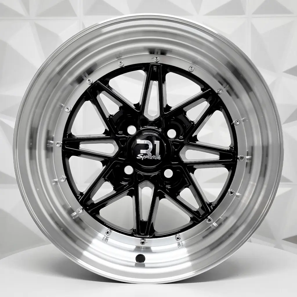 RIN 15X7 4-100 R1 SPORT 497 BLACK+LIP POLISHED+CHROME RIVETS ET10 CB73.1 