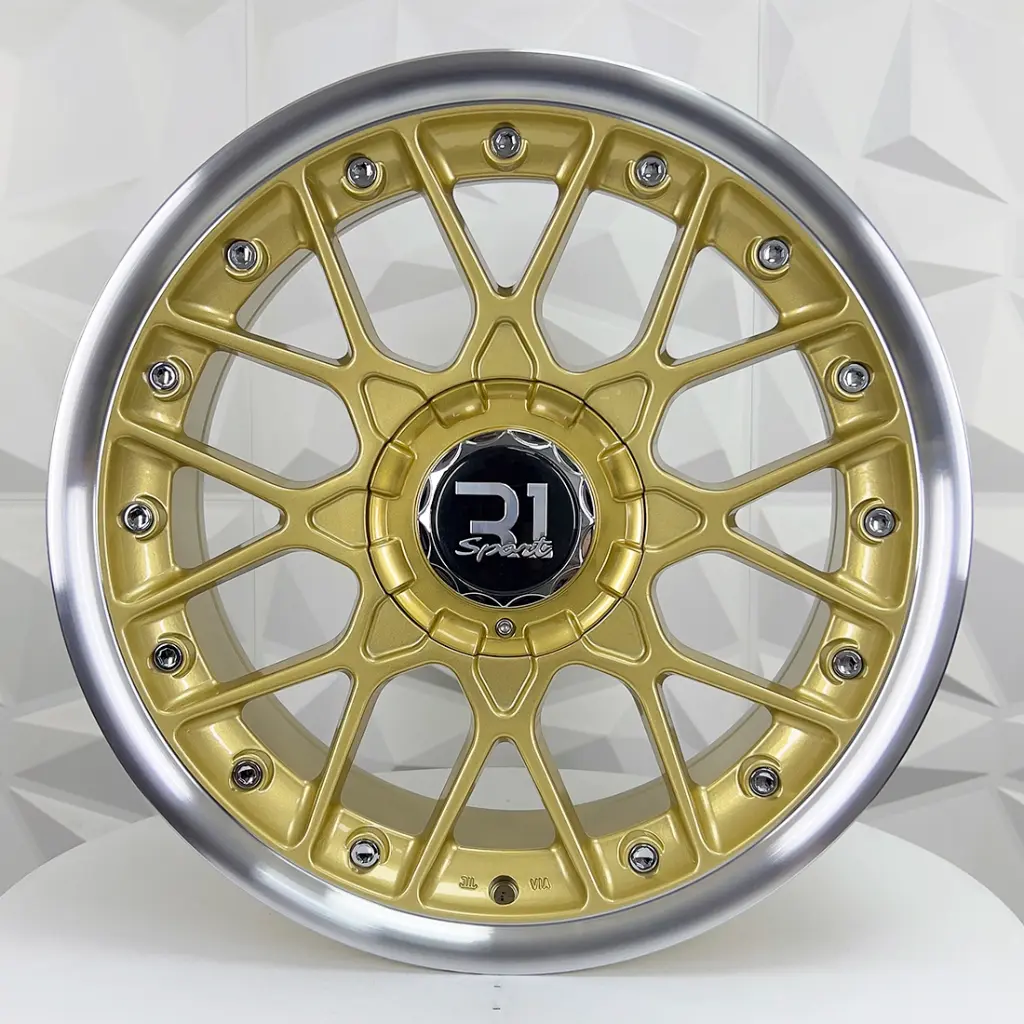 RIN 17X8 4-100/4-114.3 R1 SPORT QC1198 GOLD LIGH MACHINE LIP+RIVETS* ET30 CB73.1