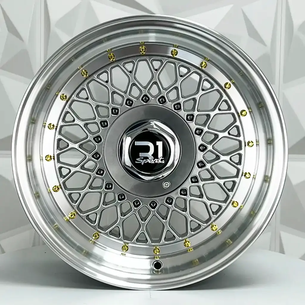 RIN 17X8 4-100/114.3 R1 SPORT DX163 HYPER BLACK MACHINE LIP GOLD RIVETS ET25 CB7
