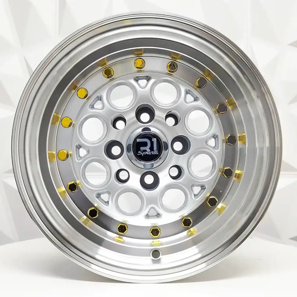 RIN 13X8 4-100/114.3 R1 SPORT 767 SILVER MACHINE LIP GOLD RIVETS ET-10 CB73.1