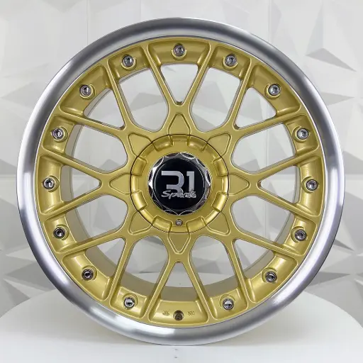 [174522F] RIN 17X8 4-100/4-114.3 R1 SPORT QC1198 GOLD LIGH MACHINE LIP+RIVETS* ET30 CB73.1