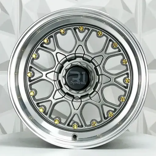 [157536F] RIN 15X7.5 4-100/114.3 R1 SPORT 8001 GUNMETAL MACHINE LIP GOLD RIVETS ET18 CB73.