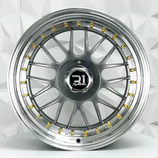 [171506F] RIN 17X8 4-100/114.3 R1 SPORT 646 HYPER BLACK MACHINE LIP GOLD RIVETS ET30 CB73.